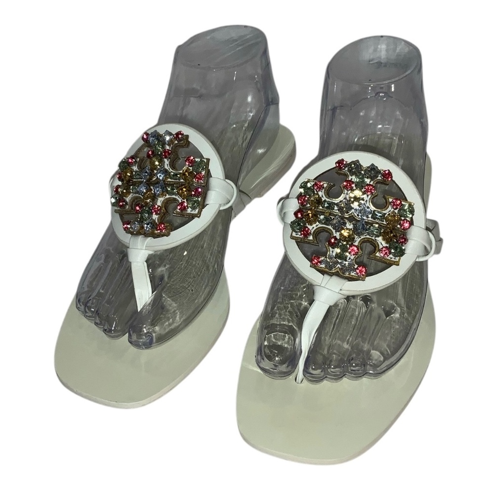 Tory Burch Miller Cream Leather Multi-Color Jeweled Embellished Sandals Size 7